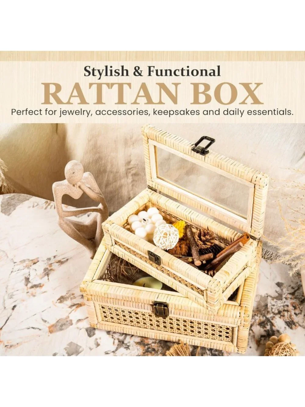 Boho Rattan Decorative Box with Lid & Lock | Wicker Storage Organizer with Felt